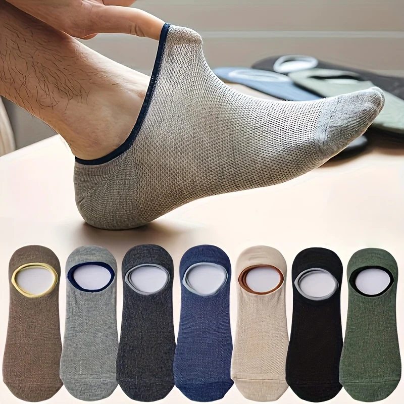 7 Pairs of Men's Thin Mesh Breathable Boat Socks - Sweat Absorbent, Non-Slip, Shallow Mouth Design for All-Day Comfort - Solid Color (Grey, Navy Blue, Beige, Black, Olive Green, Dark Brown)